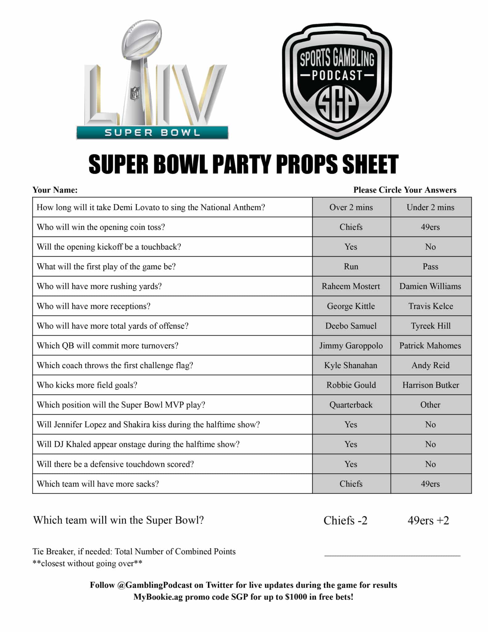 printable super bowl party props sheet - sports gambling podcast